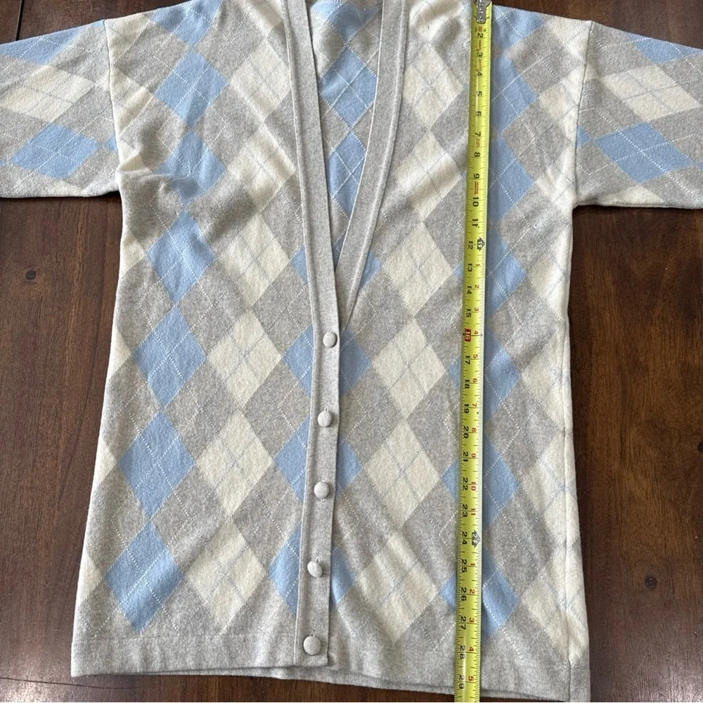 Jaeger 100% Lambswool Gray Blue Ivory Argyle Long Cardigan Sweater Vintage M